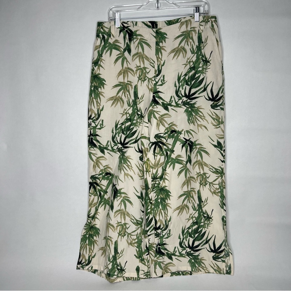 J. Jill Linen Blend Leaf Print Pants Wide Leg Ankle Slit Size Medium